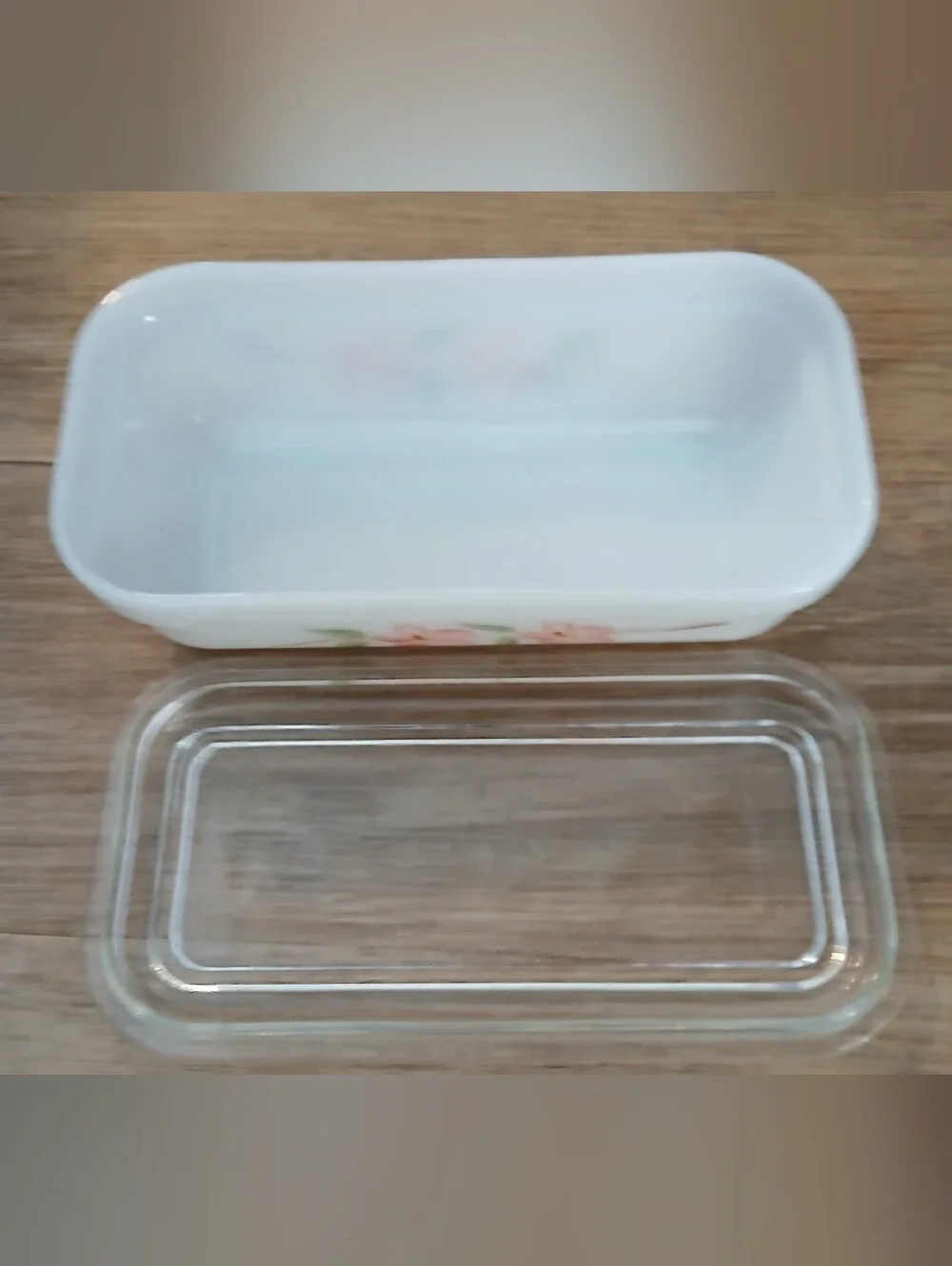Glass Floral Baking Dish with Lid - Hand Painted Pink flowers & Green Leaves
